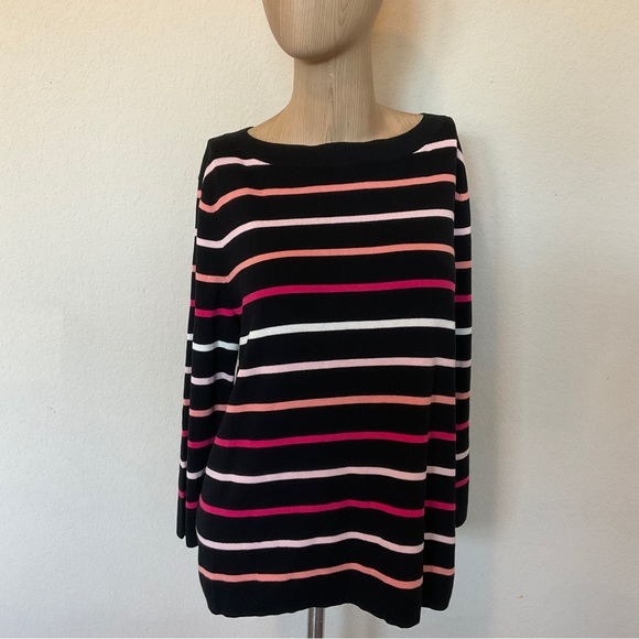 Talbots NWOT Striped Boat Neck Cotton Sweater Black Pink Button Back Detail XLP - Picture 2 of 16